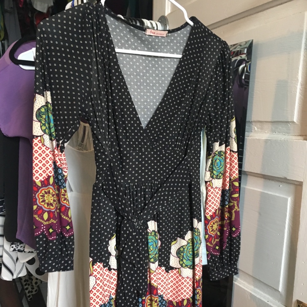 Black floral long sleeve faux wrap dress